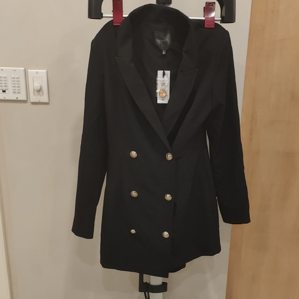 Black Double-Breasted Blazer Romper with Gold-Tone Buttons